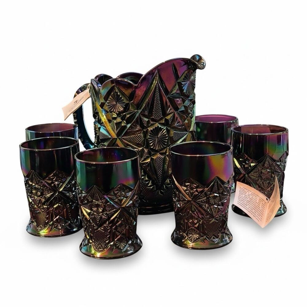Fenton Imperial Lace Amethyst Carnival Glass Pitcher Set + 6 Tumblers NEW/TAGS!